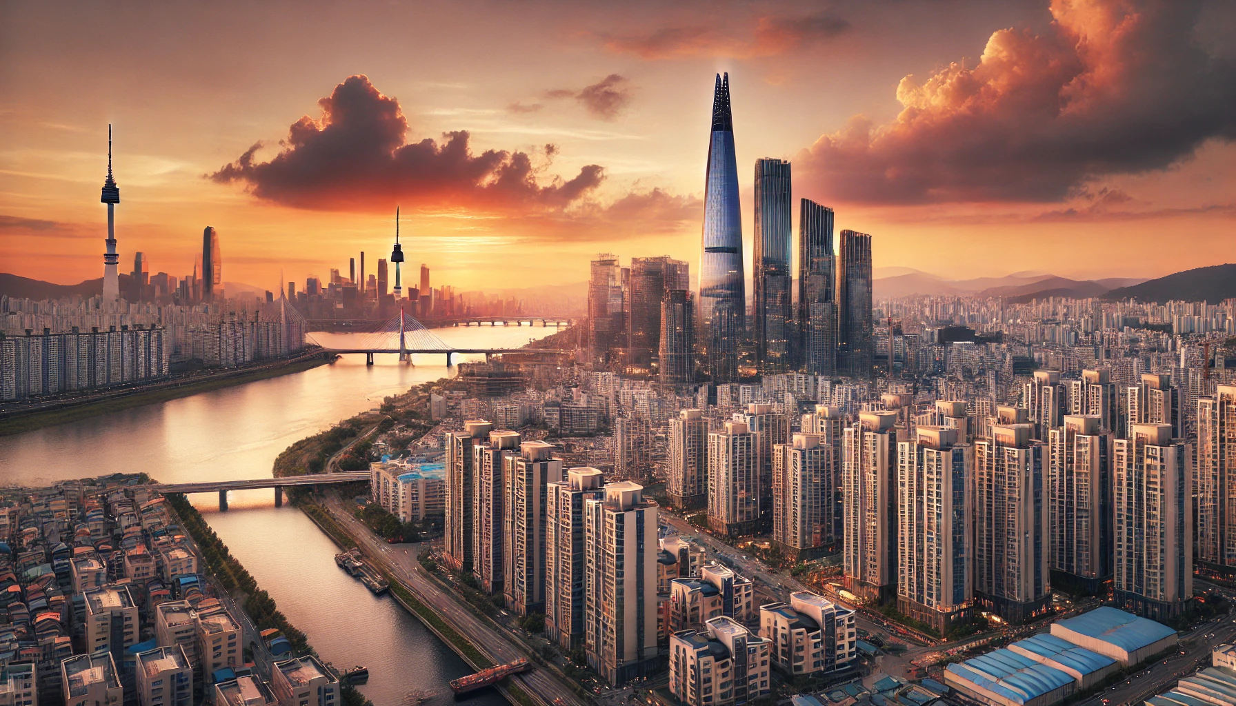 A-wide-image-of-Seoul's-skyline-at-sunset,-with-tall-modern-apartment-buildings-and-iconic-landmarks-like-Lotte-World-Tower-in-the-background.-The-Han