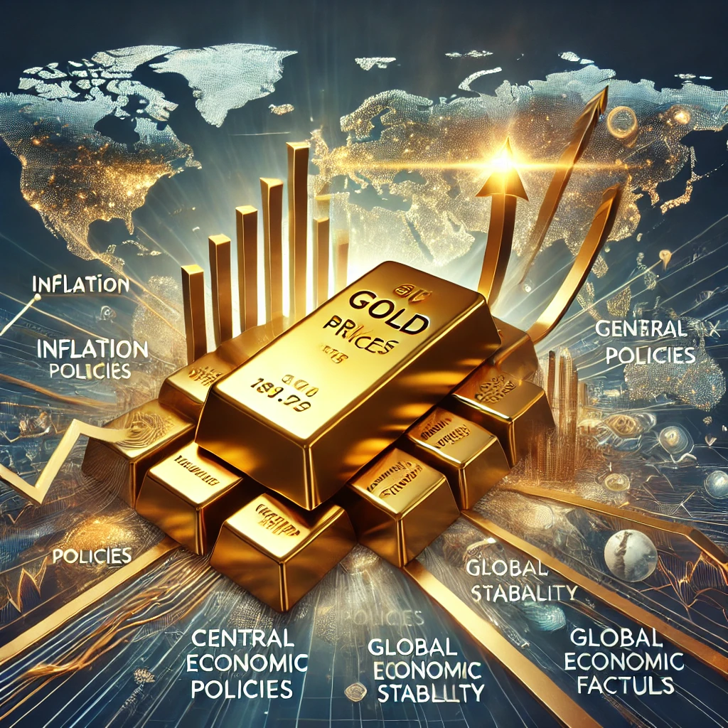 A-visually-engaging-image-depicting-the-key-factors-influencing-gold-prices.-The-image-shows-a-large-gold-bar-in-the-center-with-various-arrows-pointi