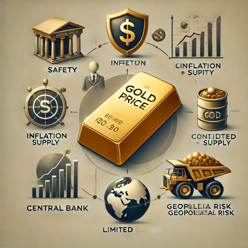 An-image-showcasing-the-reasons-for-gold-price-increases.-The-illustration-features-a-large-gold-bar-surrounded-by-icons-representing-key-factors_-a-s