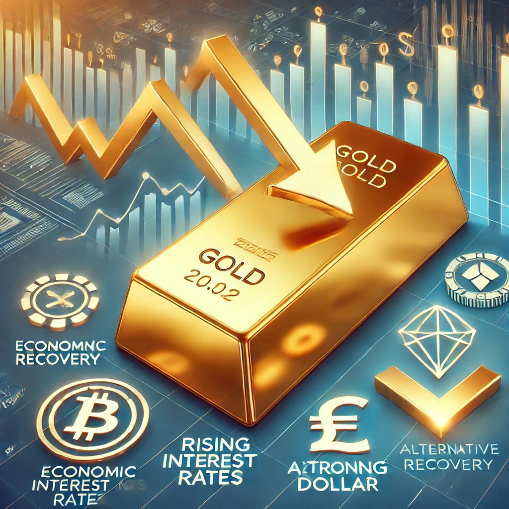 An-image-depicting-factors-that-could-lead-to-a-decrease-in-gold-prices.-The-illustration-features-a-gold-bar-with-downward-arrows-pointing-toward-ico