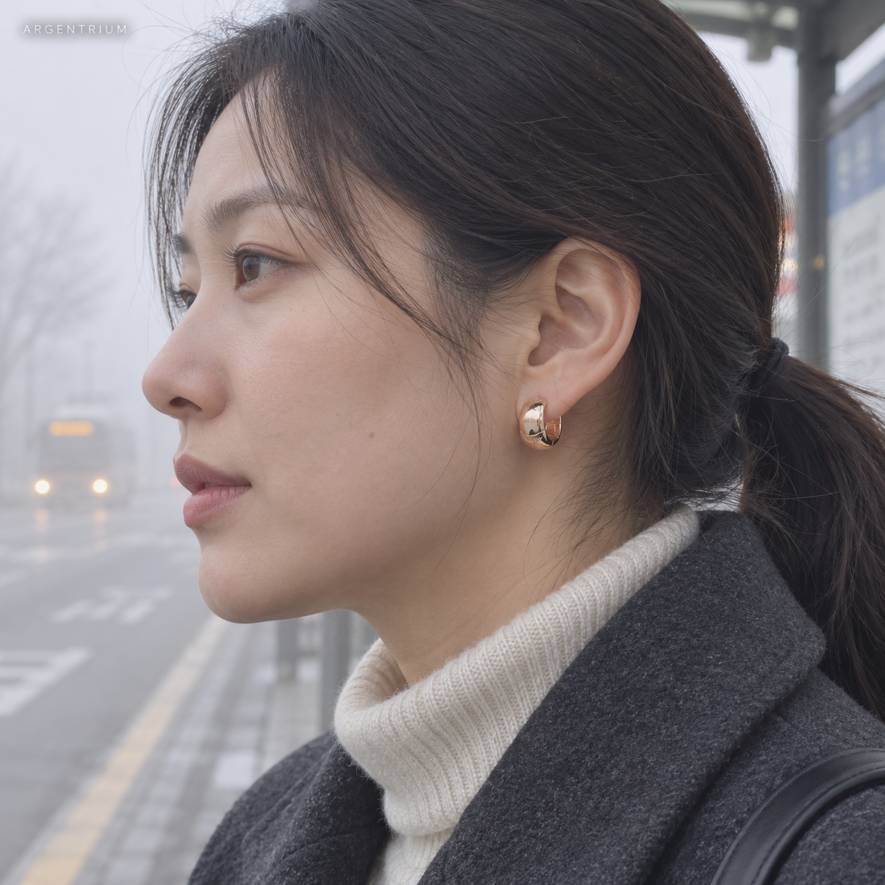 안개 낀 아침, 터틀넥 위로 드러난 귀걸이