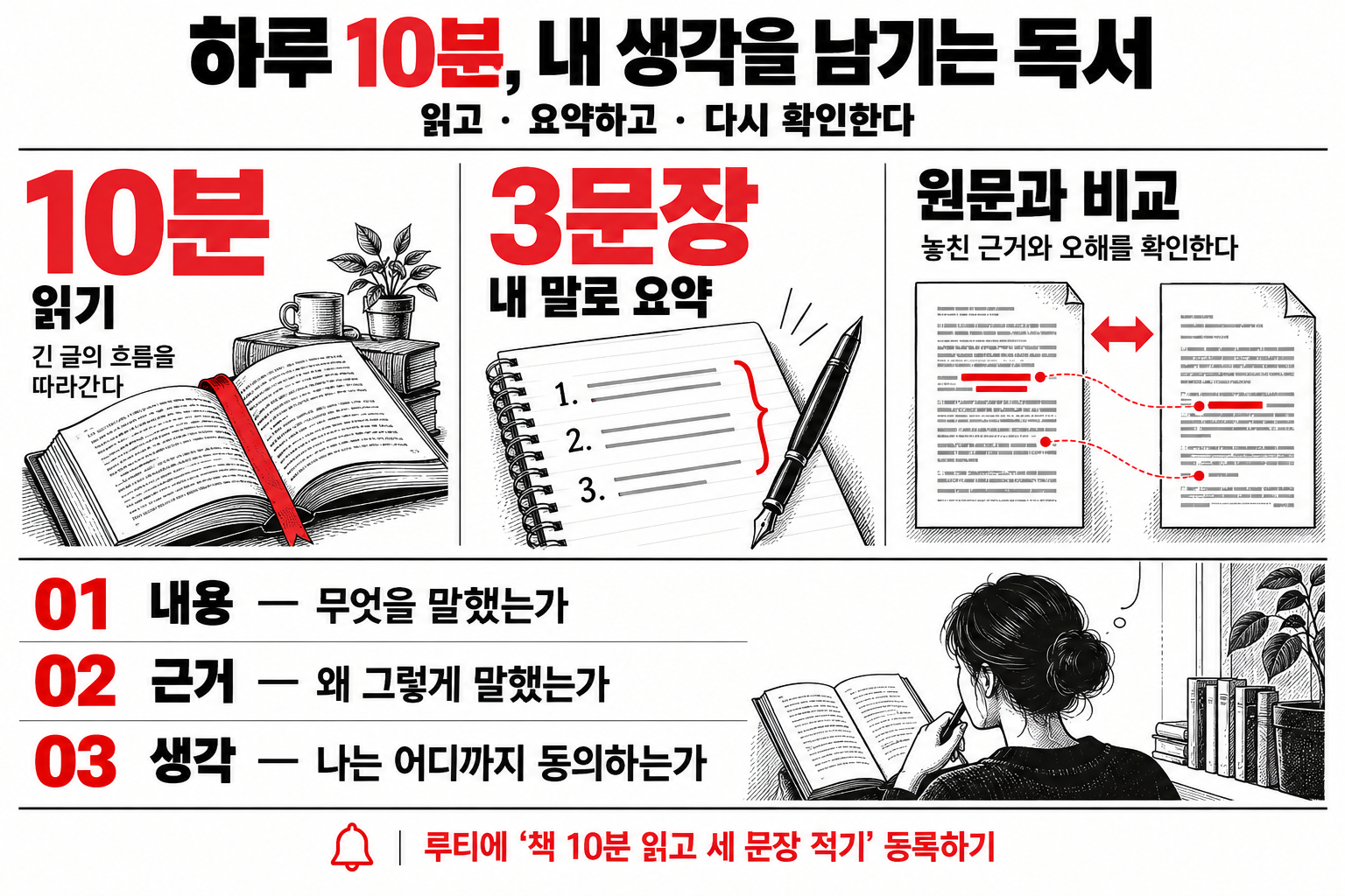 책을 10분 읽고 내용, 근거, 내 생각을 세 문장으로 요약한 뒤 원문과 비교하는 독서 루틴과 루티 등록 제안