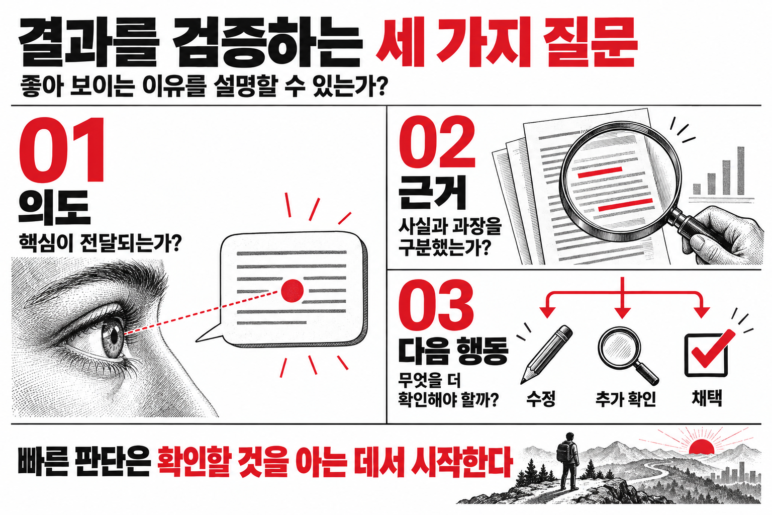 AI 결과를 검증하는 세 가지 질문: 핵심이 전달되는가, 사실과 과장을 구분했는가, 무엇을 더 확인해야 할까
